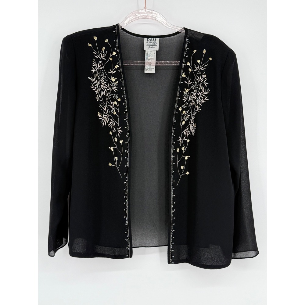 R&M Richards Black Sheer Embellished Floral Party Evening Cardigan Sz 16P VTG